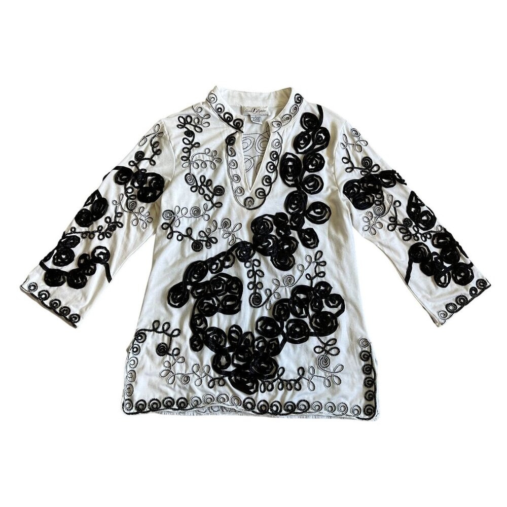 Once Again Women's Long Sleeve Black White Embroidered Tunic Top Large Artsy